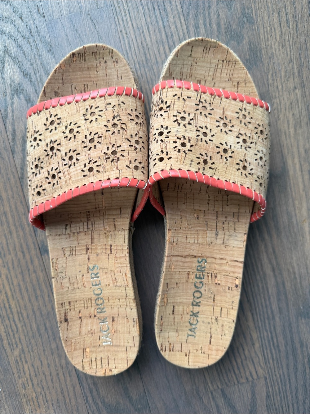Jack Rogers Cork Slide Sandals with Coral Trim - Women Size 9.5